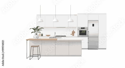 A modern, minimalist kitchen with white cabinetry, stainless steel appliances, and a wood island
