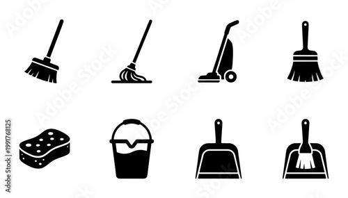 Cleaning service icons set, black silhouette housekeeping tools, professional janitorial equipment vector collection for home maintenance and hygiene