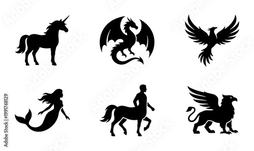Mythical creatures silhouette set of 6 icons, fantasy monster vector collection, black dragon unicorn mermaid phoenix centaur and griffin symbols