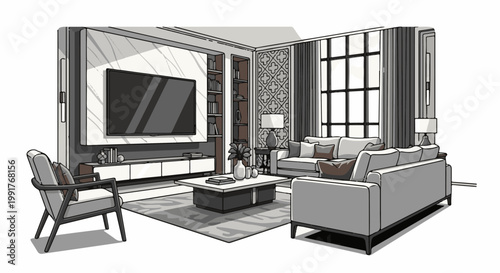 A modern, minimalist living room scene featuring a sectional sofa, armchair, coffee table, and entertainment center