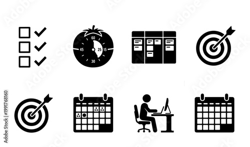 Productivity and time management icon set, black solid business workflow symbols, 8 vector elements for project planning and task tracking