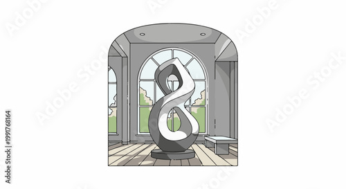 A modern sculpture stands in a sunlit room with arched windows revealing greenery