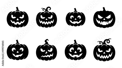 Halloween pumpkin silhouette set, 8 spooky jack o lantern icons, black carved pumpkin vector illustrations for holiday party decor and graphic design