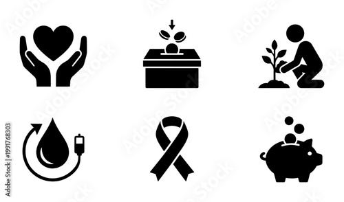 Charity and donation icon set, 6 black solid vector symbols for non-profit organizations, volunteer and community support graphics