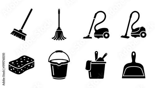 Cleaning service icons set, professional housekeeping equipment symbols, black silhouette vacuum cleaner and broom vector collection for janitorial business