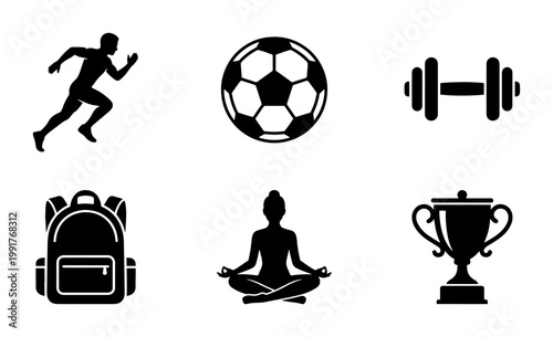 Minimalist sports and fitness icon set, black silhouette athlete and gym equipment vectors, 6 lifestyle and exercise symbols for web design