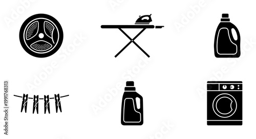 Laundry service icon set, black washing machine and ironing board vector elements, 6 household cleaning and garment care symbols on white background