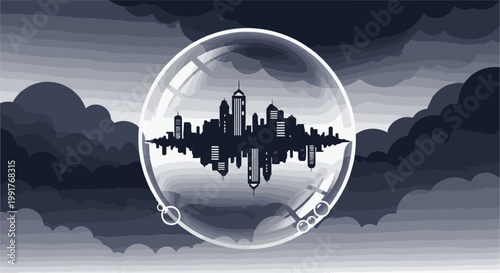 A monochrome cityscape silhouette reflected within a transparent bubble against a cloudy, layered sky