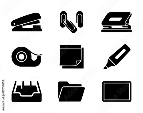 Office supplies icon set, black silhouette stationery symbols, professional business equipment vector collection for corporate organization and desk management