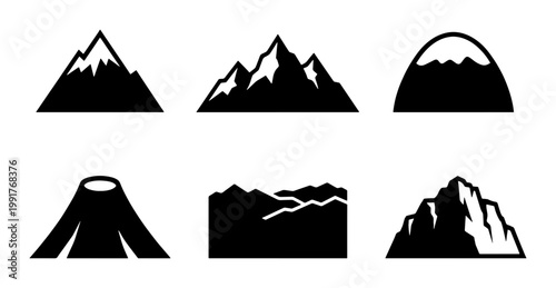 Photography Minimalist mountain icons set, black and white peak silhouettes, collection of 6