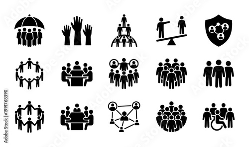 Business teamwork and human resources icon set, 15 black vector silhouettes for corporate leadership, community diversity and social inclusion symbols