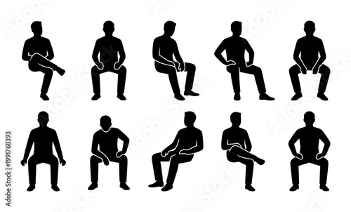 Sitting men silhouettes set, 10 male figures in seated poses vector, black human body outlines for architectural visualization and urban design