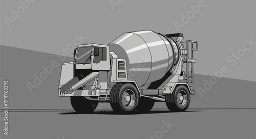 A monochrome illustration of a concrete mixer truck on a grey background