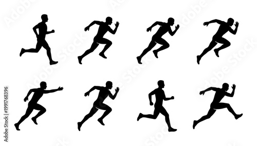 Athletic running man silhouettes set, male sprinter motion sequence vector, black runner figures in various poses for sports and fitness design