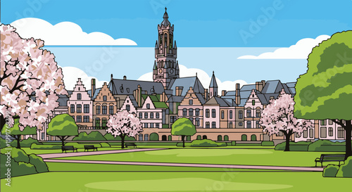 A picturesque springtime scene with blooming cherry trees and traditional architecture