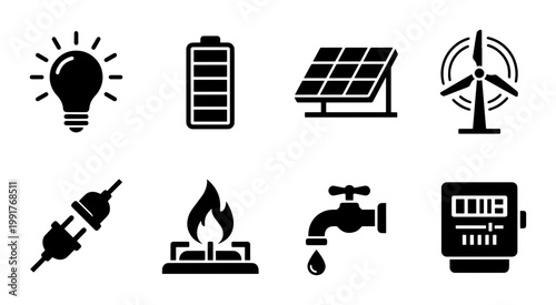 Cuadro en lienzo Renewable energy and utility icons set, 8 black glyph vector symbols for solar p