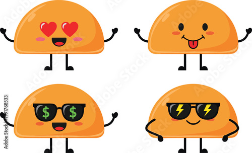 Cute taco characters set with funny expressions and sunglasses, adorable fast food mascots in cartoon vector style isolated on white background