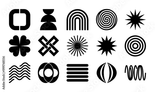Minimalist brutalist geometric shapes set, 15 black abstract vector icons, y2k aesthetic design elements for modern branding and posters