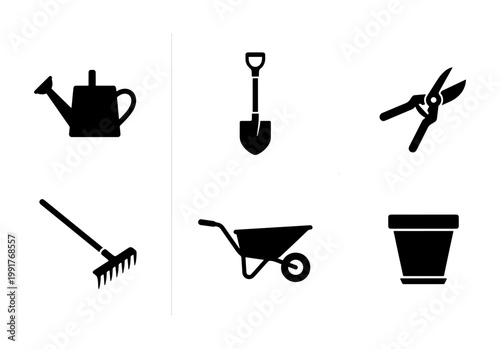 Minimalist gardening tool icons set, black silhouette garden equipment collection, vector watering can shovel and wheelbarrow symbols for landscaping