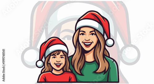 A mother and child in Santa hats, smiling brightly, with a large festive hat graphic behind them