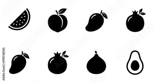 Minimalist fruit icon set, black solid silhouette fruit symbols, collection of 8 vector fruit graphics including watermelon peach mango pomegranate fig and avocado