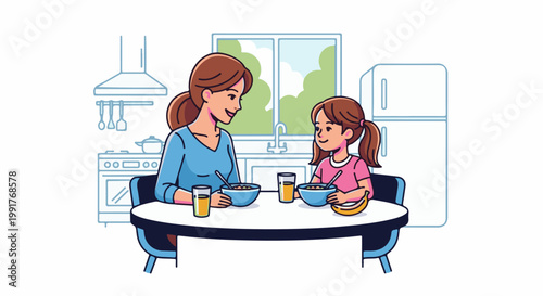 A mother and daughter eat breakfast at a kitchen table