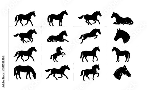 Horse silhouette collection with 16 vector icons, black stallion and mare figures in various poses, equestrian animal shapes for logo design