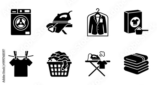 Laundry service icon set, black solid vector icons for washing machine and dry cleaning, 8 laundry symbols for garment care and housework