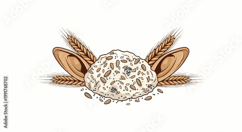 A mound of multi-grain bread dough studded with seeds, flanked by wheat stalks and ears
