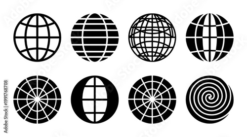 Minimalist globe icon set, 8 black world map vector elements, geometric earth sphere symbols for global business and web navigation design