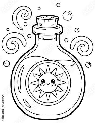 Coloring book page featuring a cute sun trapped inside a magic potion bottle