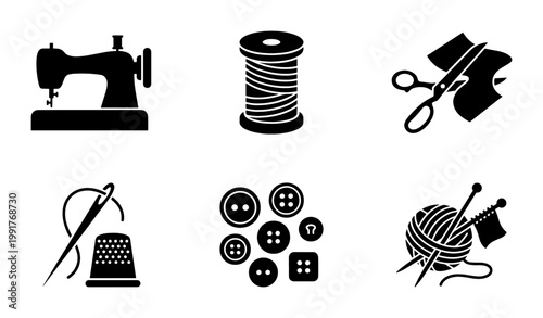 Sewing and tailoring icon set, 6 black vector silhouettes of sewing machine and thread, knitting and needlework equipment for craft hobby