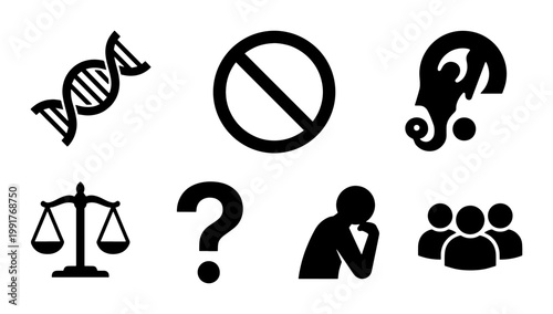 Bioethics and social science icons set, black silhouette symbols for ethics and genetics, 7 vector elements for medical research and law