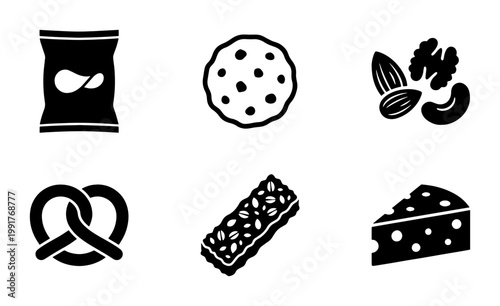 Minimalist snack food icon set, black solid vector symbols of chips and cookies, collection of 6 unhealthy and healthy snacks for menu design