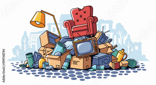 A pile of discarded household items, including a broken chair, electronics, and boxes, sits outdoors