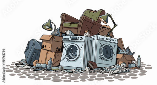 A pile of discarded household items, including appliances and furniture, sits on a cobbled surface