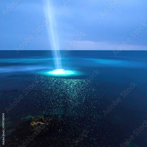 Mysterious Blue Light Beam Illuminates Ocean Surface at Night.