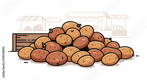A pile of raw potatoes sits next to a wooden crate with market stalls in the background