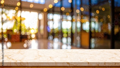 Empty Marble Countertop with Blurred Cafe Background.