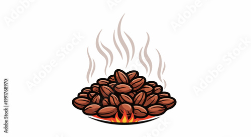 A pile of roasted coffee beans with steam rising, sitting on a base of flames