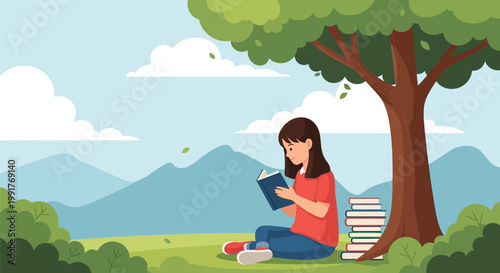 Young girl reading a book while sitting under a tree.