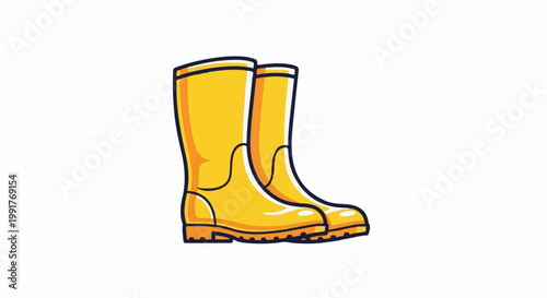 A pair of yellow, knee-high rubber boots with dark blue outlines and orange accents