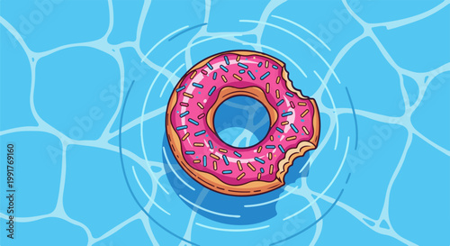 A pink frosted donut with colorful sprinkles floats on bright blue water with ripple effects