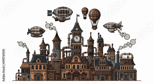 A pixel art cityscape with steampunk airships and intricate Victorian-style architecture