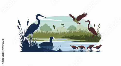 A peaceful wetland scene featuring various birds in silhouette against a muted, stylized landscape