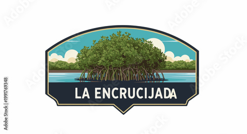 A pixel art emblem showcases lush green mangroves emerging from calm blue water under a partly cloudy sky