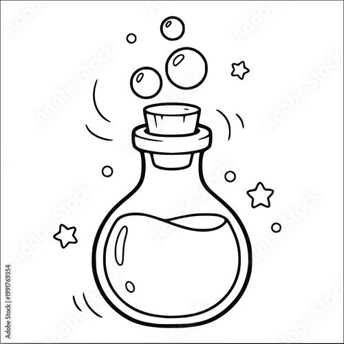 Bubbling magic potion flask with floating stars and energy swirls