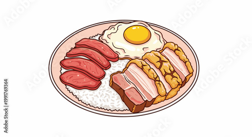A pixel art illustration of a breakfast plate with rice, fried egg, and meats