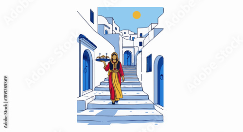 A person carries a tray up a sun-drenched white stone staircase in a Mediterranean village