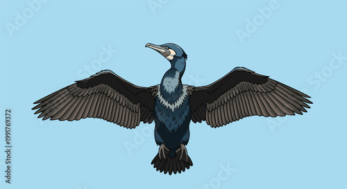 A pixel art illustration of a cormorant in flight, with wings spread wide against a clear sky